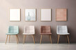 Fashionable stylish soft 4 chairs and frames above. Mockup for text, advertising and design. Generate Ai. Trendy interior