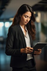 Wall Mural - Busy young business woman executive holding pad computer at work. female professional employee using digital tablet fintech device standing in office checking financial online data. generative AI