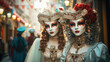 Venetian epoch costumes for carnivals and masquerade balls. Elegance, mystery and style at the famous Venice carnival. Art generative AI