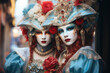 Venetian epoch costumes for carnivals and masquerade balls. Elegance, mystery and style at the famous Venice carnival. Art generative AI