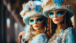 Two ladies in epoch costumes for the Venetian carnival and masked ball. Elegance, mystery and style at the famous Venice carnival. Art Generative AI