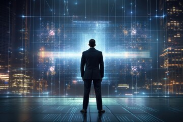 Wall Mural - Businessman standing with back and looking at night city. Future concept, Businessman standing in front of a digital big screen hologram displaying business data, AI Generated