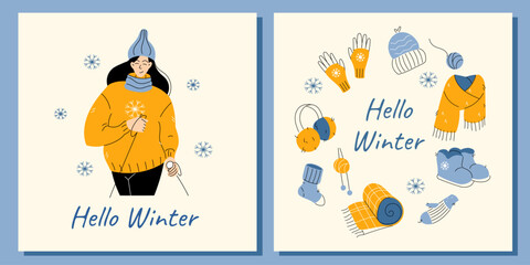 Wall Mural - 2 winter greeting cards, with a woman skiing with poles, and a round frame of knitted warm clothes. Hand drawn doodle style vector illustration.