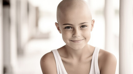 Resilient Caucasian girl battling cancer, optimism radiating from her shaved head post-chemotherapy. Advocating healthcare, embodying childhood cancer awareness on World Cancer Day.