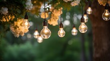 Light Bulb Stylistic Layout In Open Air Party Laurel With Glowing Bulbs Beautified Blossoms Unique Wedding Flower Decoration Minivases And Blossoms Hanging