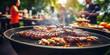 Сlose up of meat on grill and faint silhouettes group of friends at background,,
people grilling food, flipping burgers, and cooking delicious barbecue dishes on a grill 