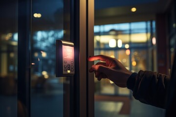 Wall Mural - Hand using electronic smart contactless key card for unlock door in hotel or house