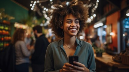 Happy black businesswoman using a smartphone in a creative office