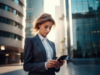 A young business lady uses a smartphone while in the business district of the city against the backdrop of high-rise buildings. Successful young woman, businesswoman.