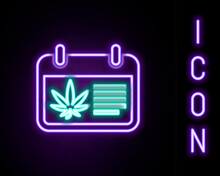 Glowing Neon Line Calendar And Marijuana Or Cannabis Leaf Icon Isolated On Black Background. National Weed Day. Hemp Symbol. Colorful Outline Concept. Vector