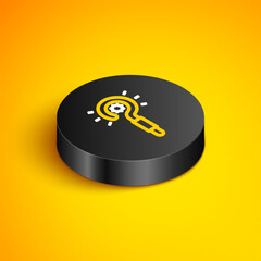 Poster - Isometric line Magic wand icon isolated on yellow background. Star shape magic accessory. Magical power. Black circle button. Vector