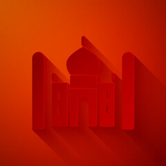 Poster - Paper cut Taj Mahal mausoleum in Agra, Indiaicon isolated on red background. Paper art style. Vector