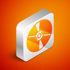 Wall Mural - Isometric CD or DVD disk icon isolated on orange background. Compact disc sign. Silver square button. Vector