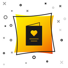 Poster - Black Postcard with heart icon isolated on white background. Message love. Letter love and romance. Yellow square button. Vector