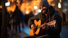 Twilight Strings: Urban Street Musician Serenades City With Acoustic Guitar