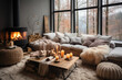 Cozy winter space: Wood-themed living room, tall windows, fireplace, and a grey sofa create a modern, warm ambiance.