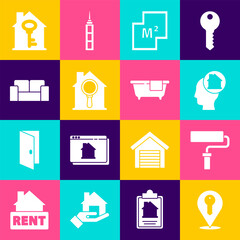 Poster - Set Location key, Paint roller brush, Man dreaming about buying house, House plan, Search, Sofa, with and Bathtub icon. Vector