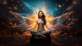 Fototapeta  - goddess woman meditating in lotus pose with wings on background in light, on abstract background