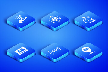 Poster - Set Location 5G network, Laptop with, Social and Digital speed meter icon. Vector