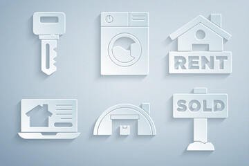 Sticker - Set Warehouse, Hanging sign with Rent, Online real estate, text Sold, Washer and House key icon. Vector