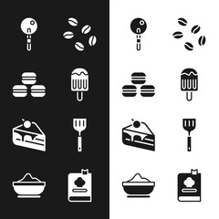 Wall Mural - Set Ice cream, Macaron cookie, Lollipop, Coffee beans, Piece cake, Spatula, Cookbook and Flour bowl icon. Vector