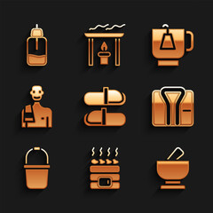 Poster - Set Sauna slippers, Hot sauna stones, Mortar and pestle, Bathrobe, bucket, Man in the, Cup of tea with tea bag and Essential oil bottle icon. Vector