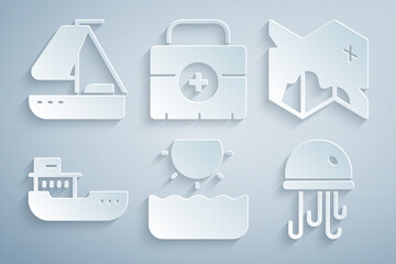 Wall Mural - Set Sun, Pirate treasure map, Cargo ship, Jellyfish, First aid kit and Yacht sailboat icon. Vector