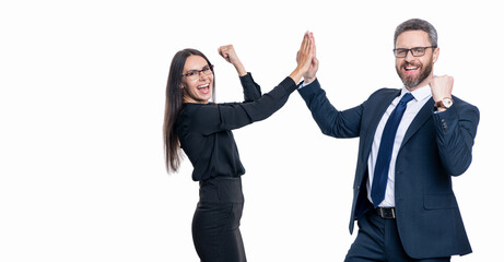 Wall Mural - Business success. Two businesspeople on business successful meeting isolated on white. Successful business woman man in suit having fun. Business success celebration and fun, Banner