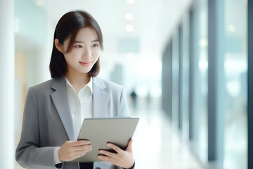 Wall Mural - Busy young Korea business woman executive holding pad computer at work. East Asian female professional employee using digital tablet fintech device standing in office checking data. generative AI