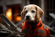 A small puppy in a vest sits on the ruins of a building. Rescue dog training