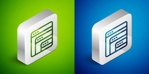 Isometric line Software, web developer programming code icon isolated on green and blue background. Javascript computer script random parts of program code. Silver square button. Vector