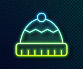 Wall Mural - Glowing neon line Winter hat icon isolated on black background. Vector