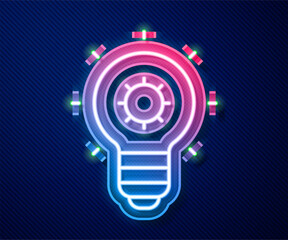 Canvas Print - Glowing neon line Light bulb with concept of idea icon isolated on blue background. Energy and idea symbol. Inspiration concept. Vector