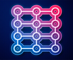 Canvas Print - Glowing neon line Neural network icon isolated on blue background. Artificial intelligence AI. Vector