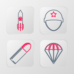 Canvas Print - Set line Parachute, Bullet, Military helmet and Biohazard rocket icon. Vector