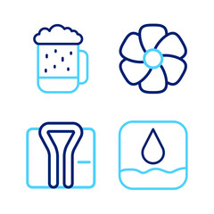 Poster - Set line Water drop, Bathrobe, Flower and Wooden beer mug icon. Vector