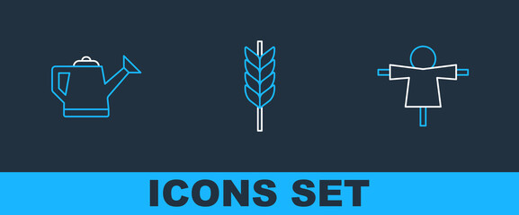 Canvas Print - Set line Scarecrow, Watering can and Wheat icon. Vector