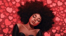 Illustration Of An Elegant Black Woman Lying With Her Eyes Closed And Surrounded By Red And Pink Hearts. Image Generated With AI.