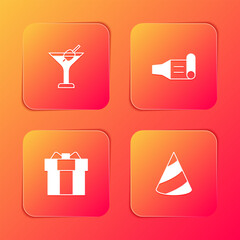 Poster - Set Martini glass, Birthday party horn, Gift box and Party hat icon. Vector