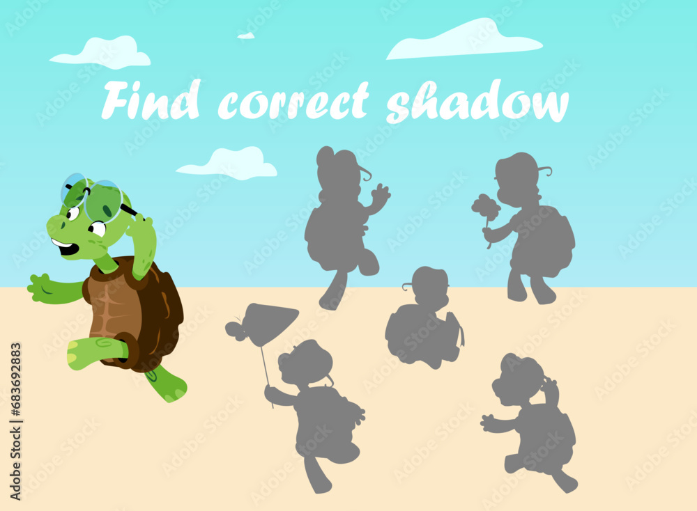 Cartoon turtle. Find correct shadow. Preschool kids worksheet. Studying ...