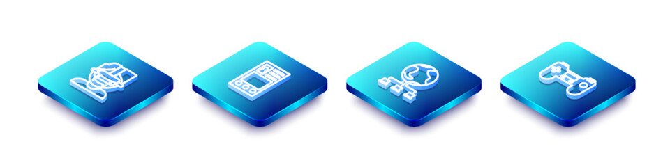 Sticker - Set Isometric line Virtual reality glasses, Create account screen, Computer network and Gamepad icon. Vector