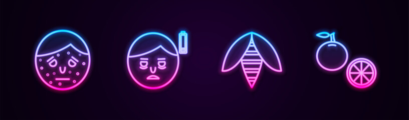 Sticker - Set line Face with psoriasis or eczema, Fatigue, Bee and Orange fruit. Glowing neon icon. Vector