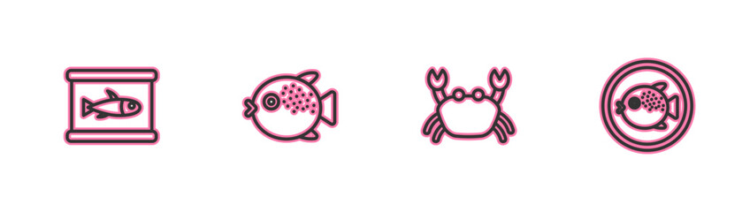 Sticker - Set line Canned fish, Crab, Puffer and on plate icon. Vector