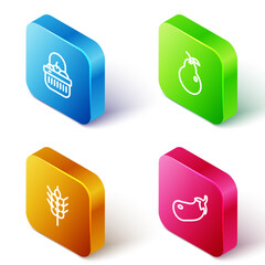 Wall Mural - Set Isometric line Basket and food, Pear, Wheat and Eggplant icon. Vector