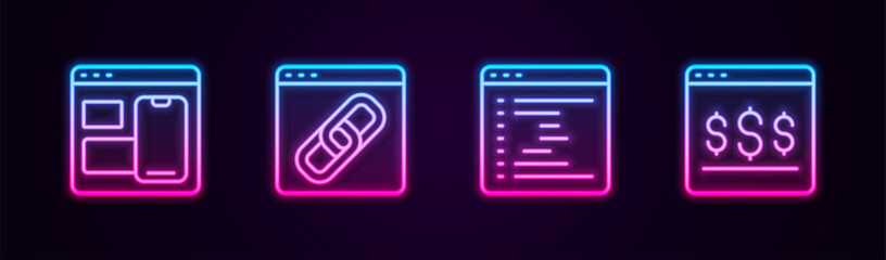 Set line Web developer programming code, Browser window, and Online shopping on screen. Glowing neon icon. Vector