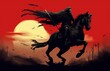 Digital illustration painting design style reaper riding the black horse, against life after dead, Generative AI
