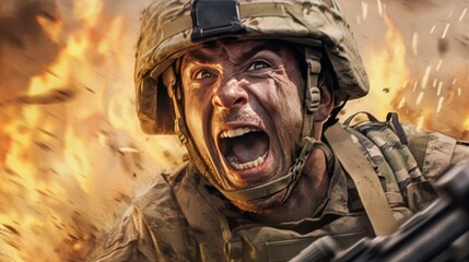 Wall Mural - Portrait of a courageous soldier with a gun in the fire. Military Concept. War Concept. Battlefield.