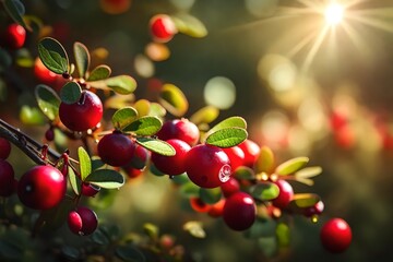 Wall Mural - Close up view, fresh cranberry on bush in garden, sun light also present. 