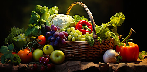 Wall Mural - Wicker basket with assorted organic vegetables and grape. eating healthy food. organic food