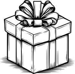 Christmas Gift box with ribbon and bow Line Art. Black Lines, Doodle vector illustratio, birthday present illustration. 